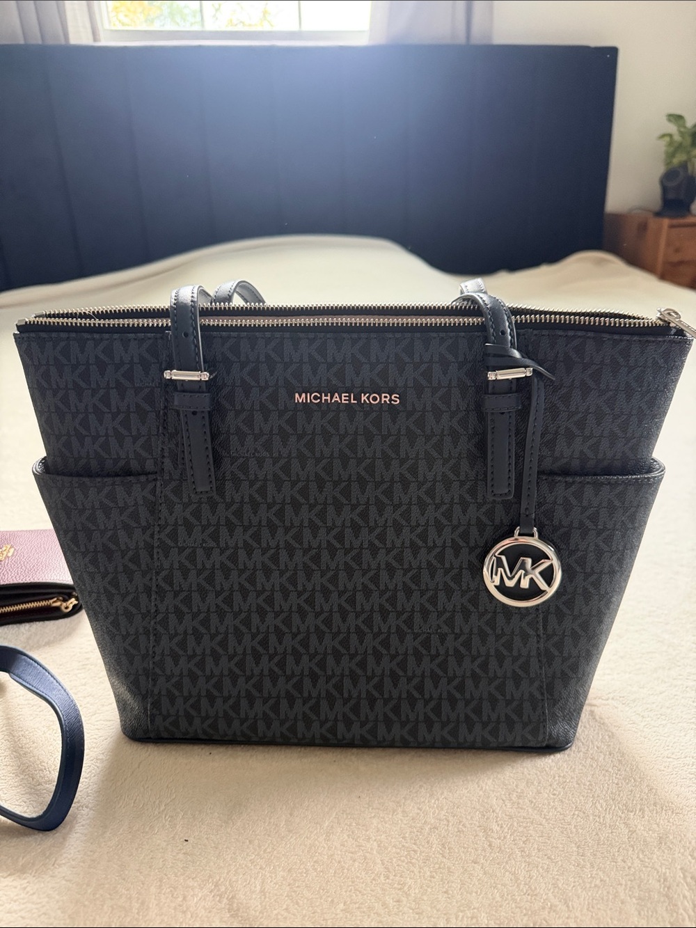 Michael Kors Dark Navy MK Logo Tote with Silver Charm